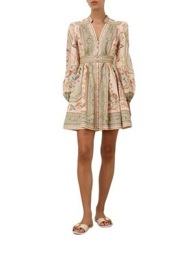 Designer-Style Floral Printed V-Neck Long Sleeve Mini Dress - Cream/Pastel